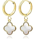 MUSEQVE Four Leaf Clover Dangle Earrings for Women • 14K Gold Plated White Mother of Pearl/Black Onyx/CZ Diamond Lucky Clover Charm Drop Huggie Hoops Earrings [CVRE]