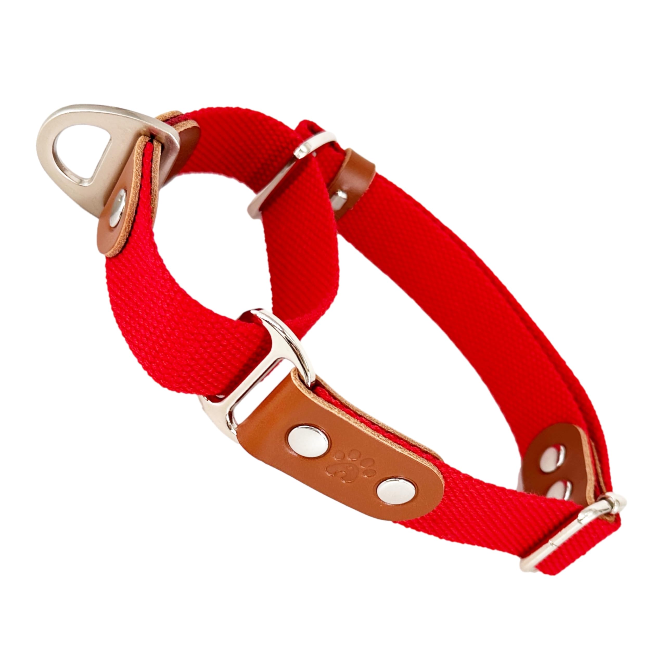 Martingale Dog Choke Collar, Antipull, Poly-Cotton and Leather. L. Red & Cognac