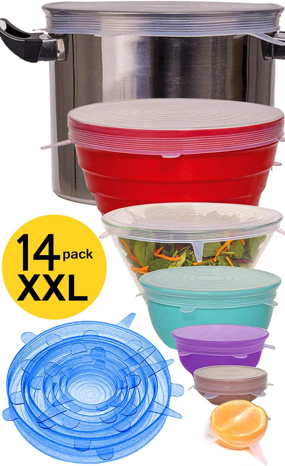 18 Couvercles Silicone Alimentaire - 6 Tailles (6 à 19 Cm) - Réutilisables, Lavables, Sans BPA