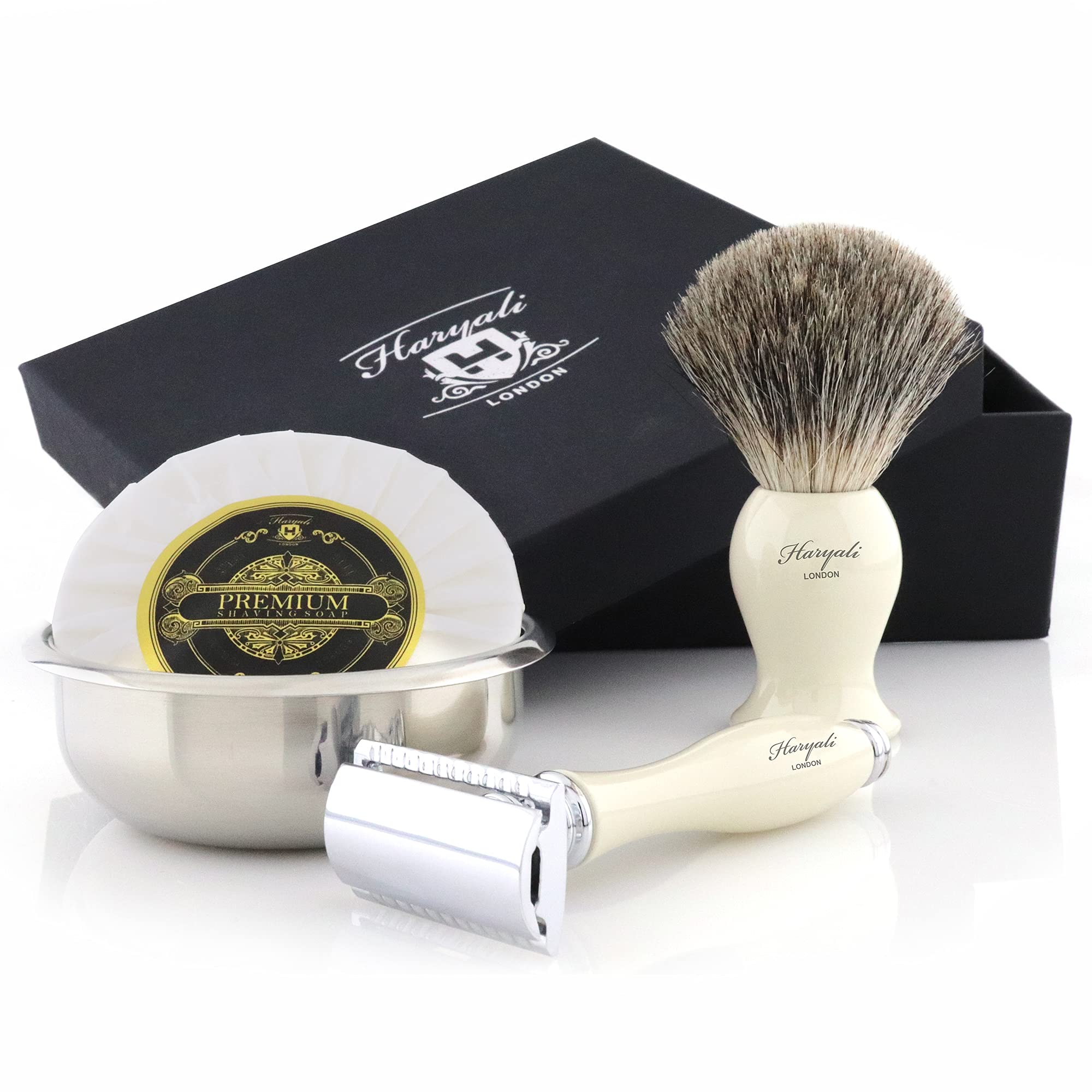 Haryali London 4 Pcs Shaving Kit, Double Edge Safety Razor - Super Badger Wooden Handle Shaving Brush - Shaving Soap And Bowl Eco-friendly Perfect Shaving Set as a Gift Set
