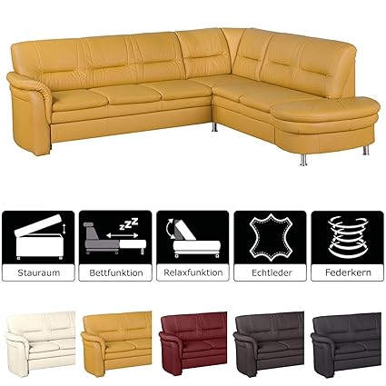 Cavadore Ecksofa Cassada mit Schlaffunktion und Federkern / Großes Leder-Schlafsofa mit Relaxfunktion und Schublade als Staur