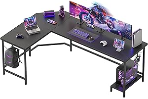 Mericonia 66 inch Large Corner Gaming Desk, Simple L Shaped Desk with CPU Stand & Hooks, Computer Desk for Home, Bedroom & Office Workspace, Black