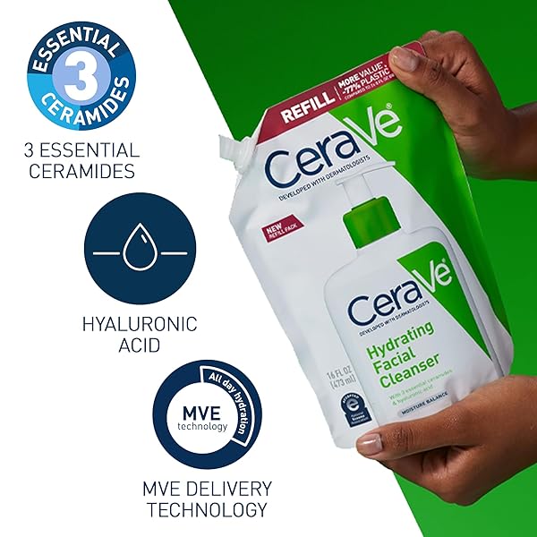 CERAVE HYDRATING FACIAL CLEANSER, MOISTURIZING FACE WASH FOR DRY SKIN, HYALURONIC ACID + CERAMIDES + GLYCERIN, HYDRATING CLEANSER FOR NORMAL TO DRY SKIN, 16 OUNCE REFILL