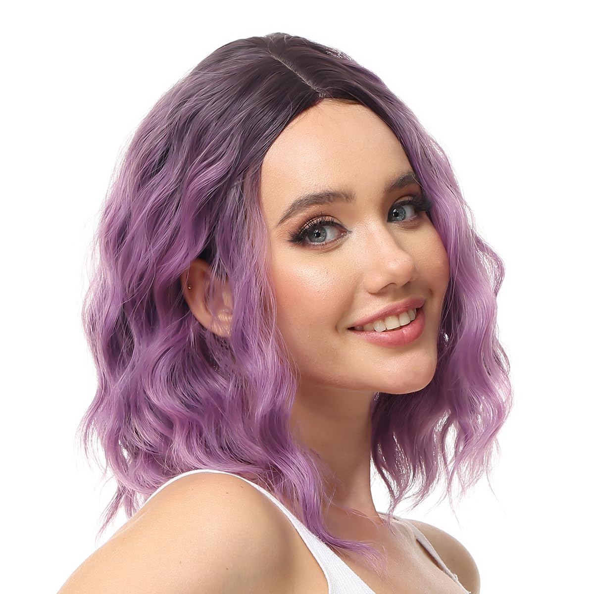 Yamel Wavy Bob Wig Natural Wig Ombre Purple Synthetic Hair Shoulder Length 14 Inch Short Curly Middle Part Lace Front Wigs for Women — image 1