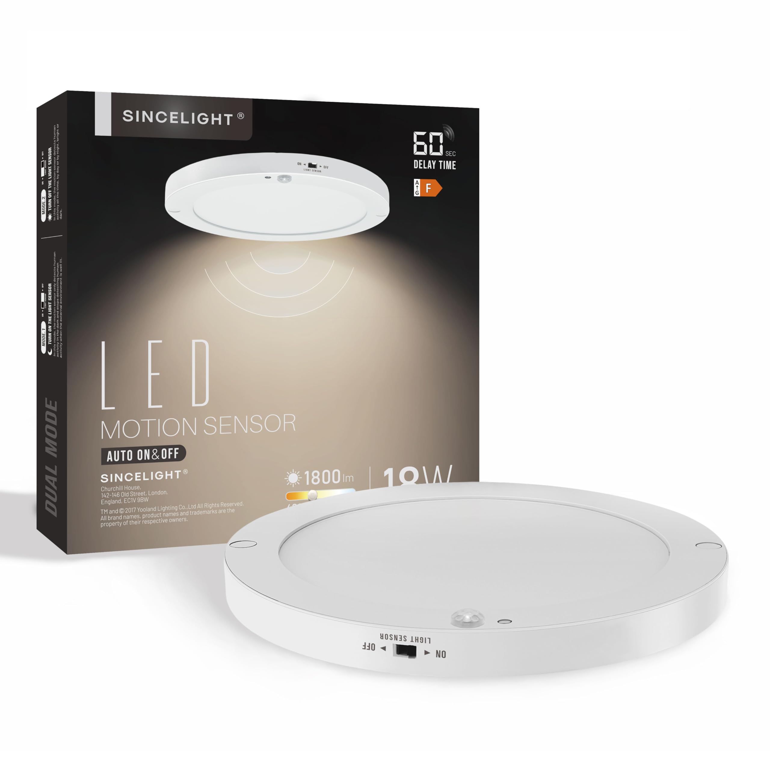 SINCELIGHT PIR Motion Sensor 18W LED Ceiling Light (Φ9''/220mm), Automatically ON/Off, Movement Activated, Dual Mode Turnable, Neutral White 4000K, Surface/Flush Mount for Hallway,Porch, Pack of 1