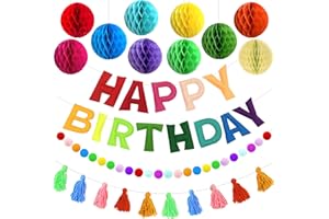 ICEXYK Pre-Strung Happy Birthday Decor, 3D Felt Birthday Banners Poms Pom Fabric Party Garland, Plush Tassels, with 10PCS Honeycomb Balls, Large Rainbow Reusable Party Celebration Decorations