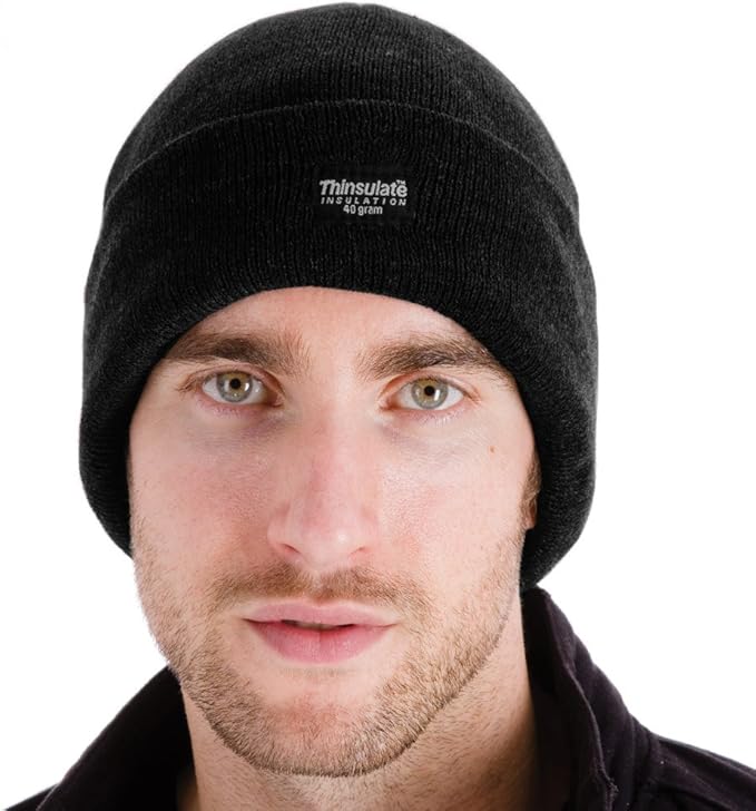 Men's Knitted Black Fleece Lined Hat With 40g Thinsulate Insulation