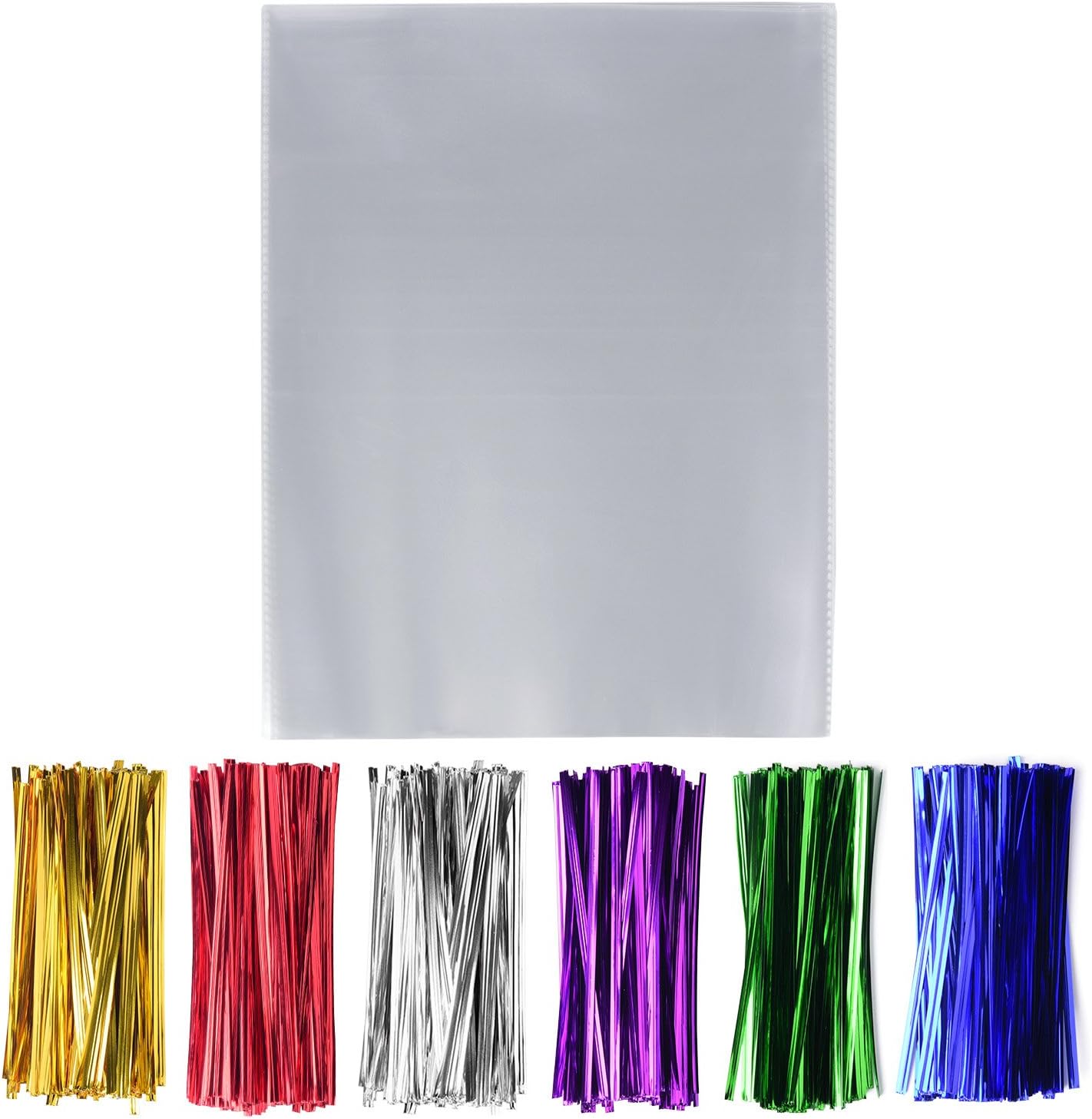 200 Pack 11" x 14" Clear Cello Treat Bags 1.4mil OPP Plastic Bags with 6 Mix Colors Twist Ties Good for Wedding Cookie Gift Candy Bakery Supply Valentine Chocolates (11'' x 14'')