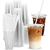 Goodluck 100 Pack 16oz Plastic Cups with Lids and Straws, Clear Disposable Iced Coffee Cups, Food Safe Cold Drink Cups for Bu