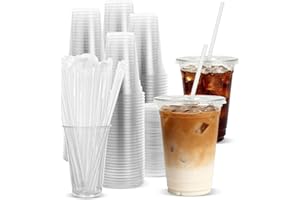 Goodluck 100 Pack 16oz Plastic Cups with Lids and Straws, Clear Disposable Iced Coffee Cups, Food Safe Cold Drink Cups for Bu