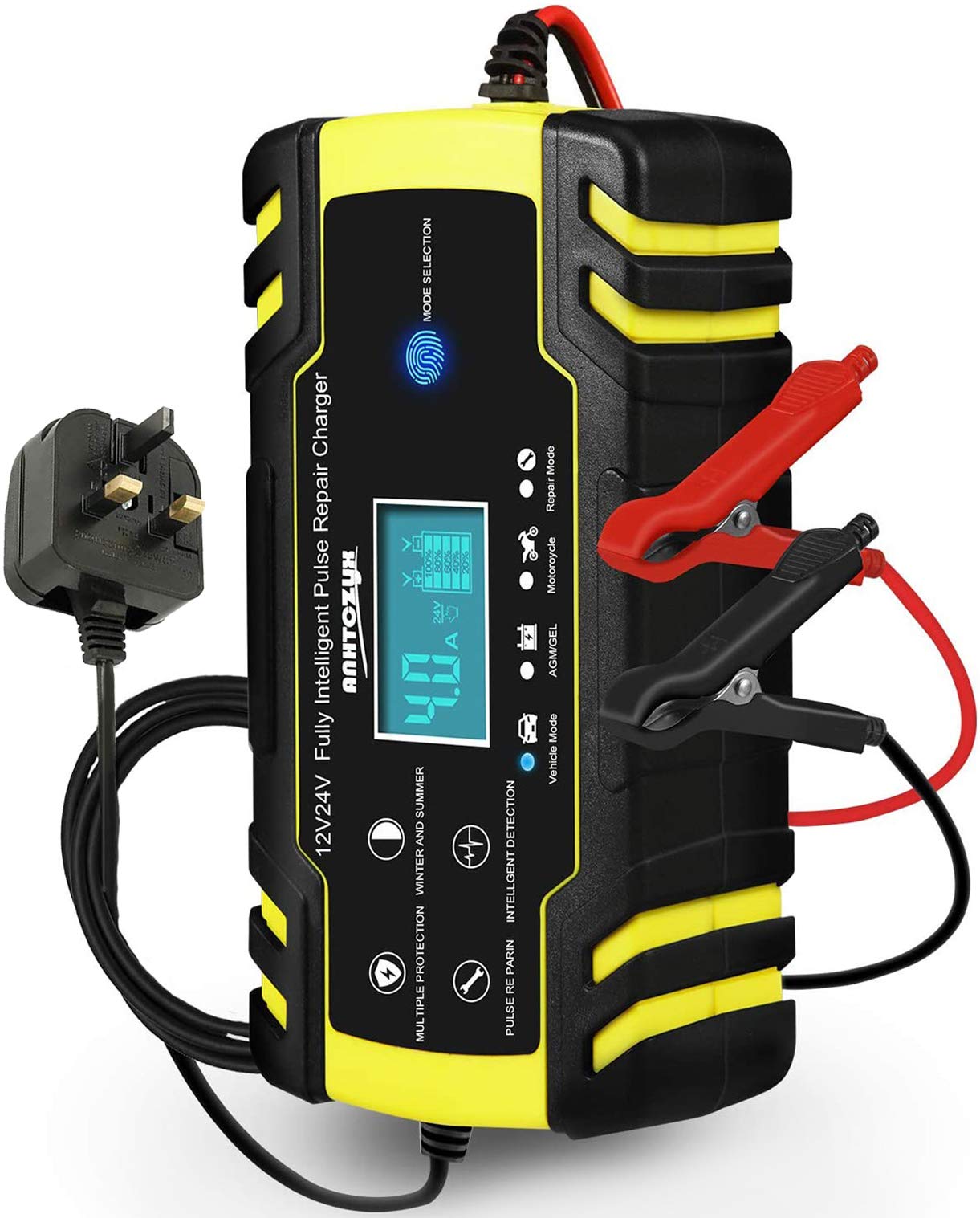 HAUSPROFI 12V/24V 8Amp Automatic Battery Charger with 3-Stage Charging, 6 Modes, LCD Screen, Intelligent Charging, Repairs, Maintains Car, Motorcycle, Boat, Mower Battery