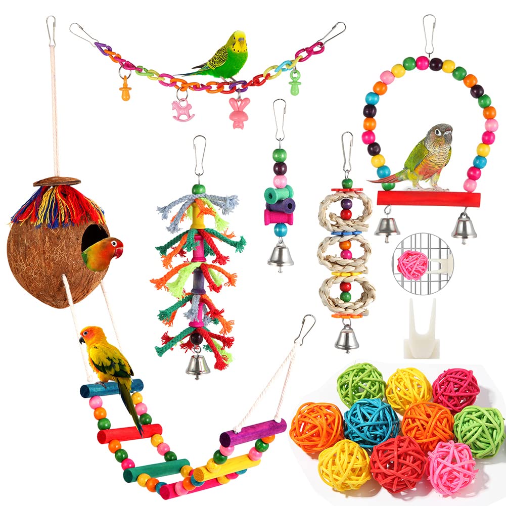 Parakeet Bird Parrot Toys Colorful Swing Chewing Hanging Toys with Bells Climbing Ladder Coconut Bird Cage for Small Cockatiels,Conures,Finches,Budgie,Macaws,Love Birds（PET-ONLY USE）