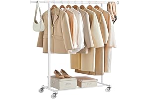 SONGMICS Clothes Rack with Wheels, Heavy-Duty Clothing Rack for Hanging Clothes, Portable Garment Rack, with Extendable Hangi