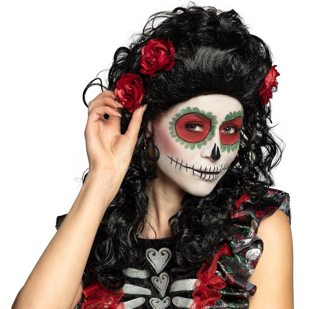 Boland 85606 - Catrina Wig, Long Synthetic Hair with Flowers, Long Hairstyle, Dia de los Muertos, Headwear, Costume, Carnival, Theme Party, Halloween