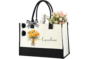 Personalized Name Birth Month Flower Tote Bag - Large Canvas Tote Bag for Wedding, Birthday, Beach, Ideal Gifts for Women