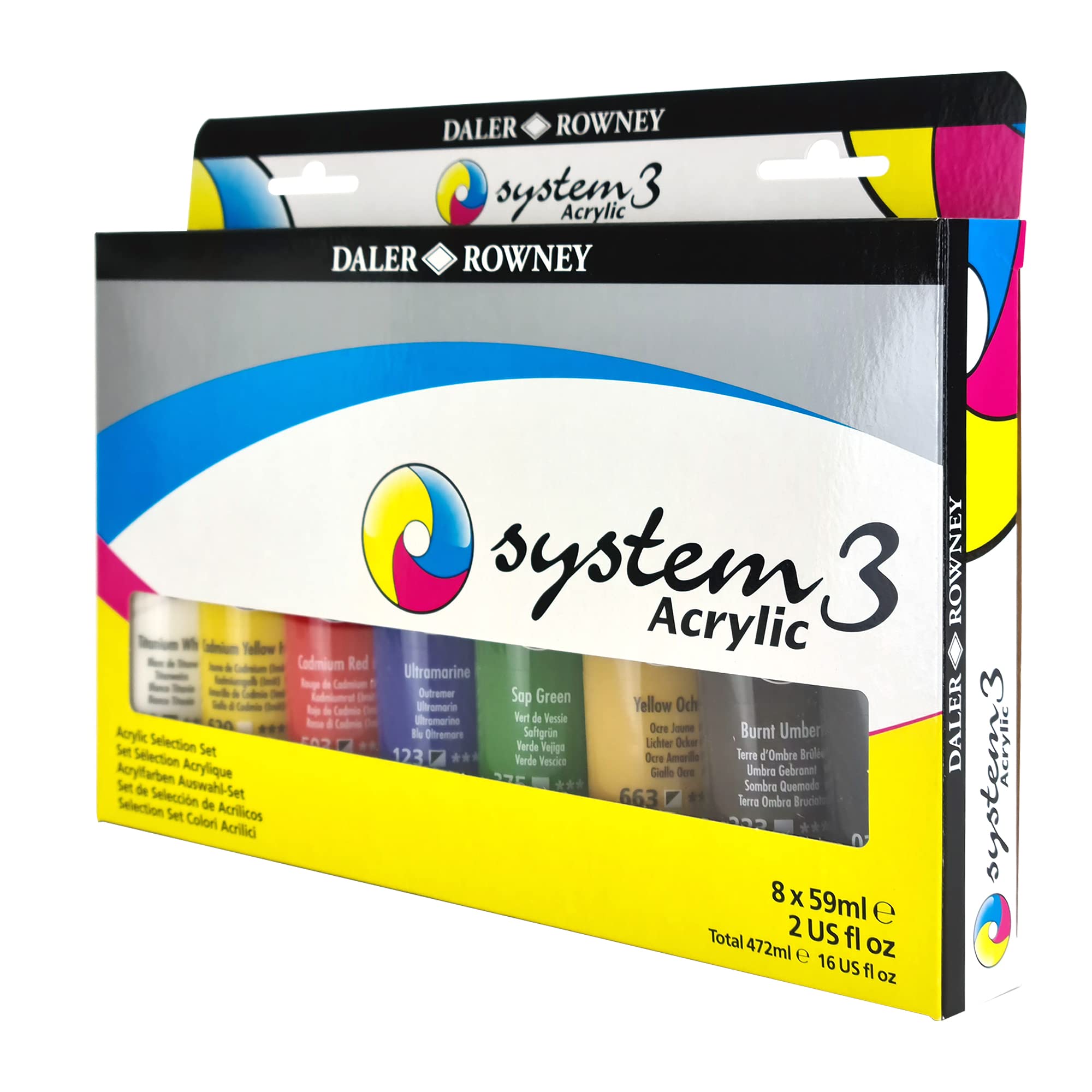 Daler-Rowney System3 59ml Acrylic Paint Selection Set, 8 x Assorted Vibrant Colours, Multi-Surface, For Professional Artists & Students