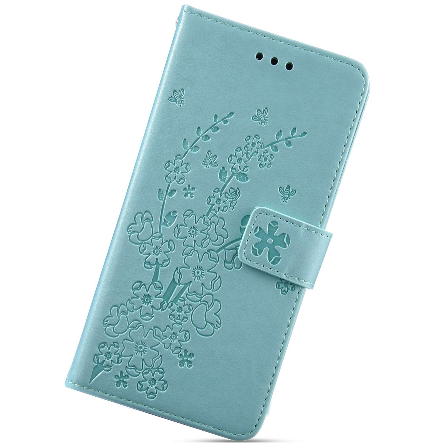 Urhause PU Leather Case Compatible with Samsung Galaxy A50, Ultra Slim Plum Blossom Pattern Embossed Protective Cover with Stand Function Card Slot Magnetic Closure Lanyard Mobile Phone Case Green