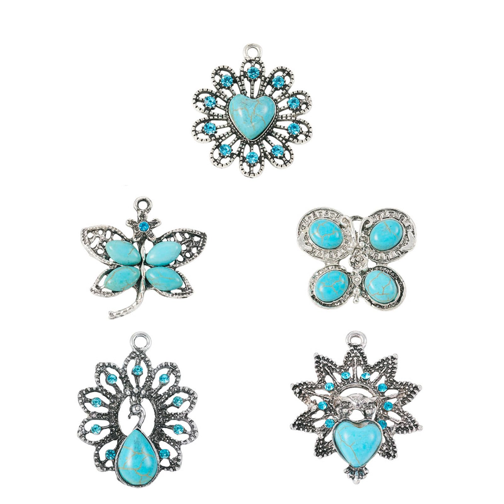 PandaHall 6pcs Tibetan Style Turquoise Charms Pendants Flower Butterfly Dragonfly Tortoise Connector Link Charms for Earrings Necklaces Jewelry Making