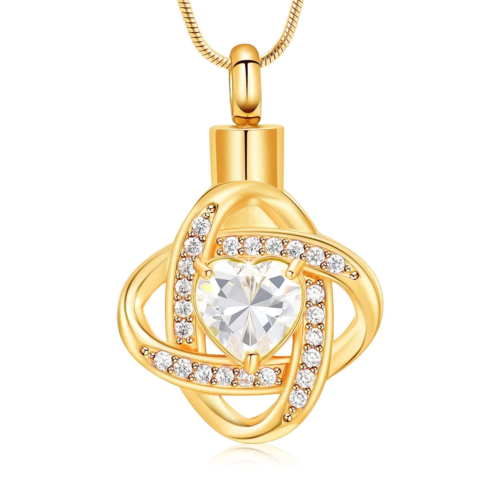 Love Knot Birthstone Urn Necklaces for Ashes Cremation Jewelry Urns Pendant for Human Ashes Memorial Keepsake Jewelry for Loved One (Gold-white)