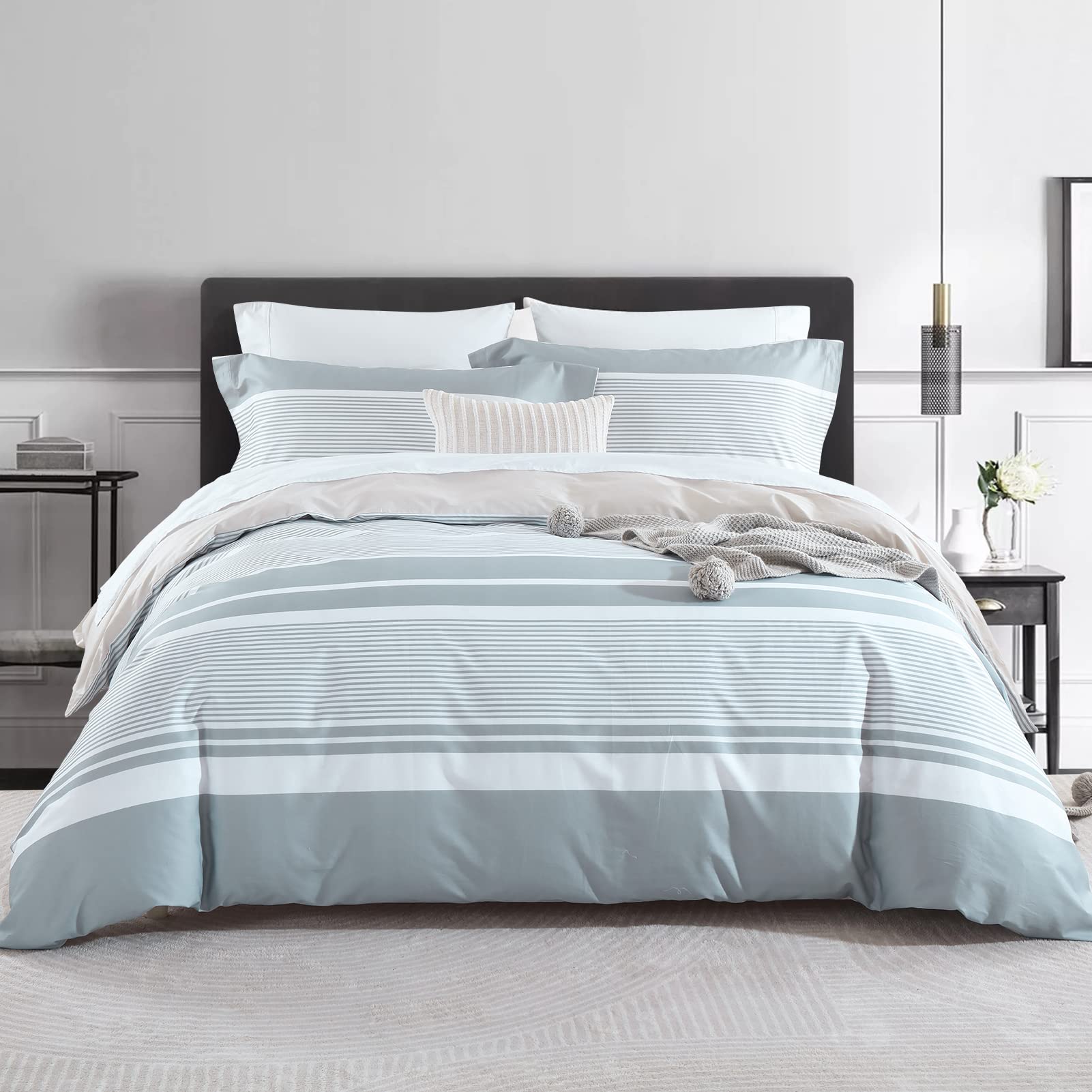 Photo 1 of CozyDH Duvet Cover King Size - 100% Cotton Soft Lightweight Duvet Cover Set, 400 Thread Count 3 Pieces Grey Striped Bedding Set, 8 Ties Zipper Closure(104x90, Grey, No Comforter)