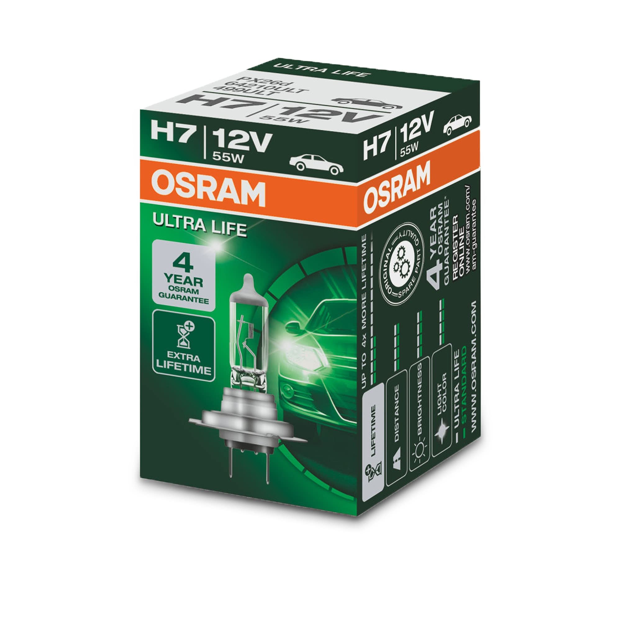 OSRAM ULTRA LIFE H7, halogen headlamp, 64210ULT, 12 V passenger car, folding carton box (1 unit)