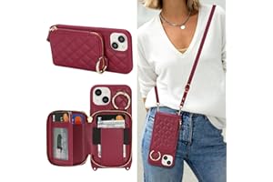 Hamany Crossbody Wallet Case for iPhone 13, PU Leather Zipper Handbag Purse Flip Cover, Kickstand Folio Case with Card Slots Holder Wrist Strap Lanyard 5G 6.1 Inch-Dark red