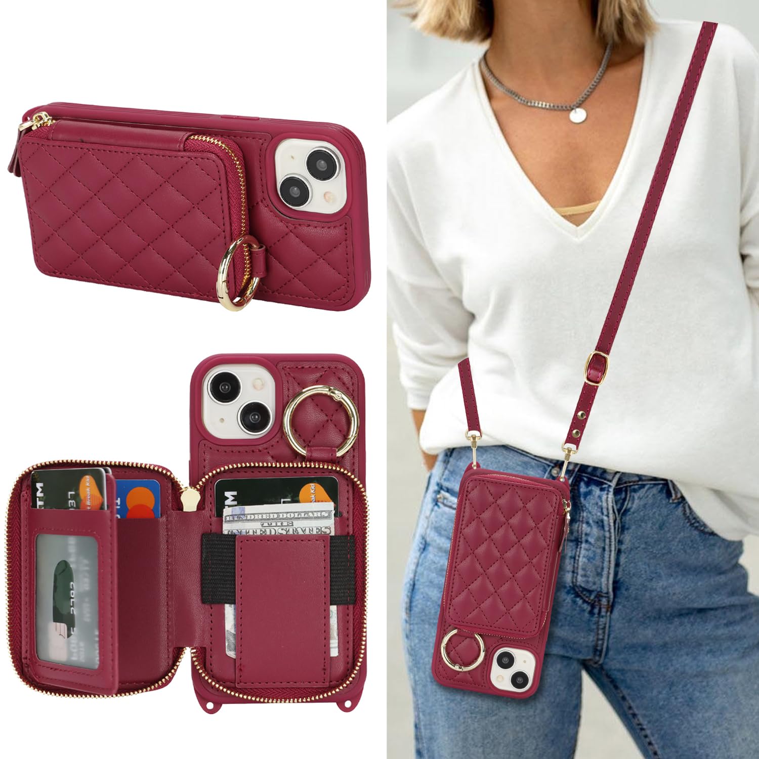 Hamany Crossbody Wallet Case for iPhone 14, PU Leather Zipper Handbag Purse Flip Cover, Kickstand Folio Case with Card Slots Holder Wrist Strap Lanyard 5G 6.1 Inch-Dark red