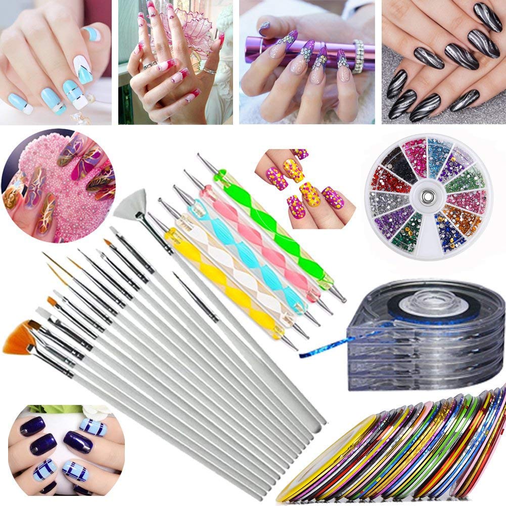 JOYJULY Nail Art Kit includes 30 Striping tape & 4Pcs Striping Roller Box & 12 Colors Rhinestones & 5pcs Dotting Pen & 15pcs Brush Set: Beauty