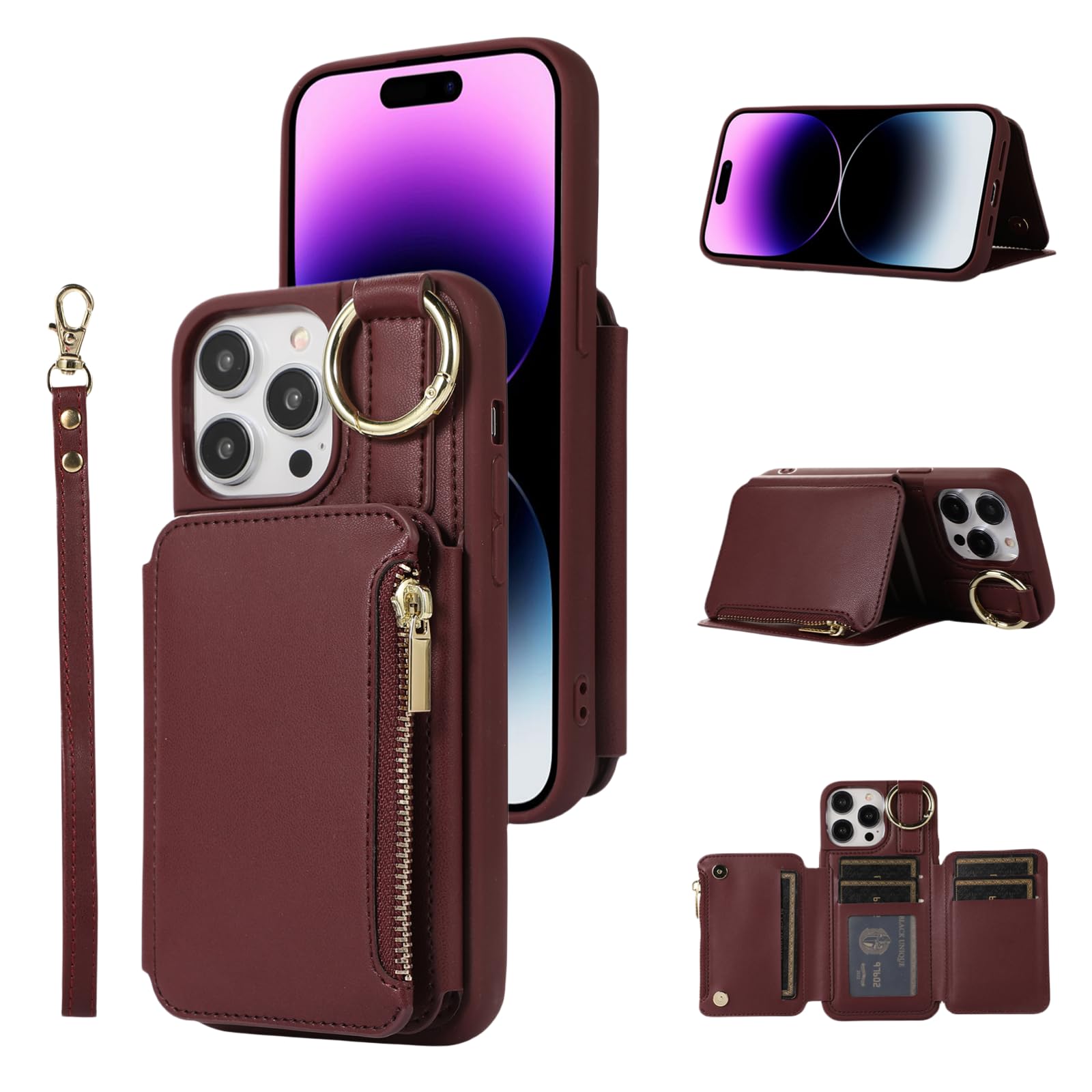 UEEBAI Crossbody Wallet Case for iPhone 13 Pro 6.1 inch, Card Holder Flip Case Kickstand RFID Blocking Phone Case PU Leather Zipper Purse Wrist Strap Lanyard Folio Cover for Women - Red Wine