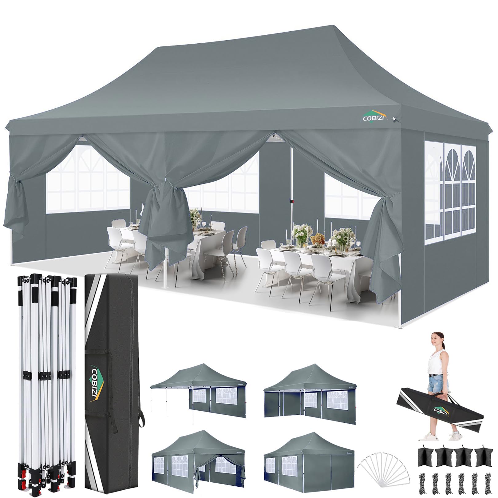 Photo 1 of COBIZI 10x20 Pop Up Canopy with 6 Sidewalls, Conical Party Tent 10x20 with 3 Adjustable Height Waterproof, UV-Resistant with Carry Bag, Sandbag, Stake, Ropes for Parties, Commercial (Frame Upgraded)