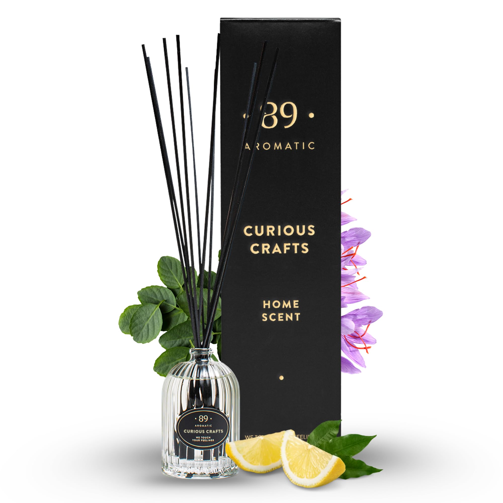 Aromatic •89• Raumduft Diffuser mit 7 Duftstäbchen – Luxus Raumdüfte mit Zitrone, Safran & Patschuli, Raumerfrischer & Raum Duft Wohnzimmer, Büro & Wohnung, Badezimmer Duft Lufterfrischer