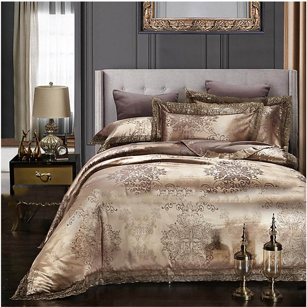 RFVBNM Duvet Cover Sets Floral 4 Piece Silk/Cotton Blend Jacquard Silk/Cotton Blend Comfortable Bedding Set Luxury Style Home Decoration 4pcs (1 Duvet Cover, 1 Flat Sheet, 2 Shams),queen