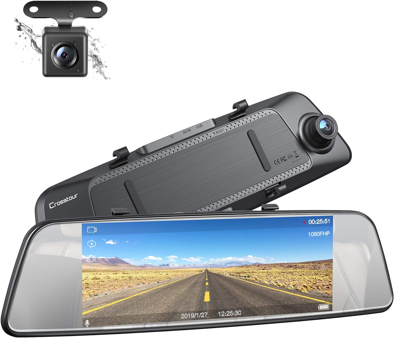Mirror Dash Cam Front and Rear Dual Lens, Crosstour Waterproof Rear View Backup Camera, 1080P IPS Touch Screen 290° Wide Angle Cam with G-Sensor, Parking Monitor, Loop Recording