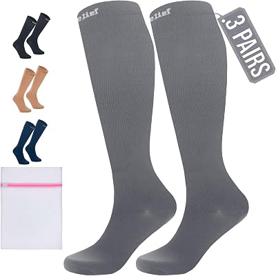 360 RELIEF Compression Socks 15-20 mmHg 3 Pairs Grey S/M with Laundry Bag