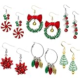 6 Pairs Christmas Earrings for Women, Christmas Dangle Earrings Set Xmas Tree Wreath Bell Light Bulbs Hoop Earring for Women Girls