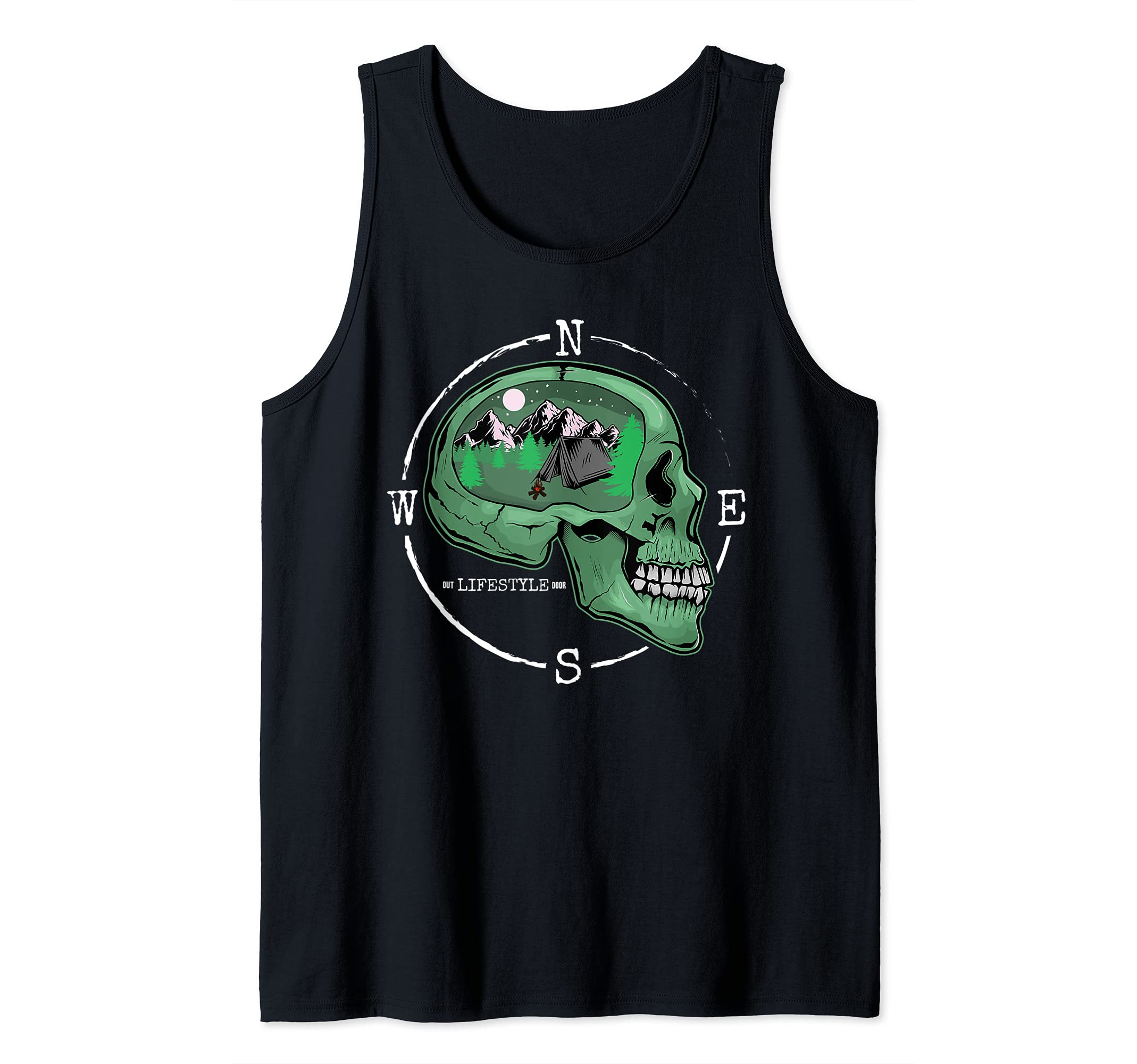 Skull Compass and Mountains Outdoorsman Camping Nature Lover Tank Top