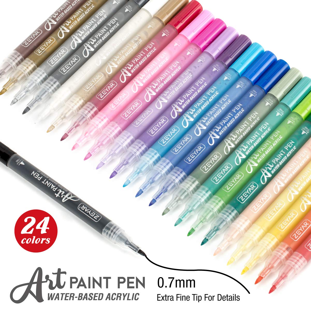 ZEYAR Acrylic Paint Pens, Extra Fine, 24 Colors, Permanent & Waterproof Ink, AP Certified, Works on Rock, Wood, Glass, Metal, Ceramic and Non porous Surfaces (24 Colors)