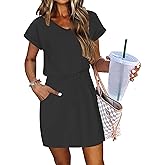 AUSELILY Women's Summer Dress 2026 Short Sleeve Tshirt Drawstring Waist Beach Cover up Casual Mini Short Dresses with Pockets