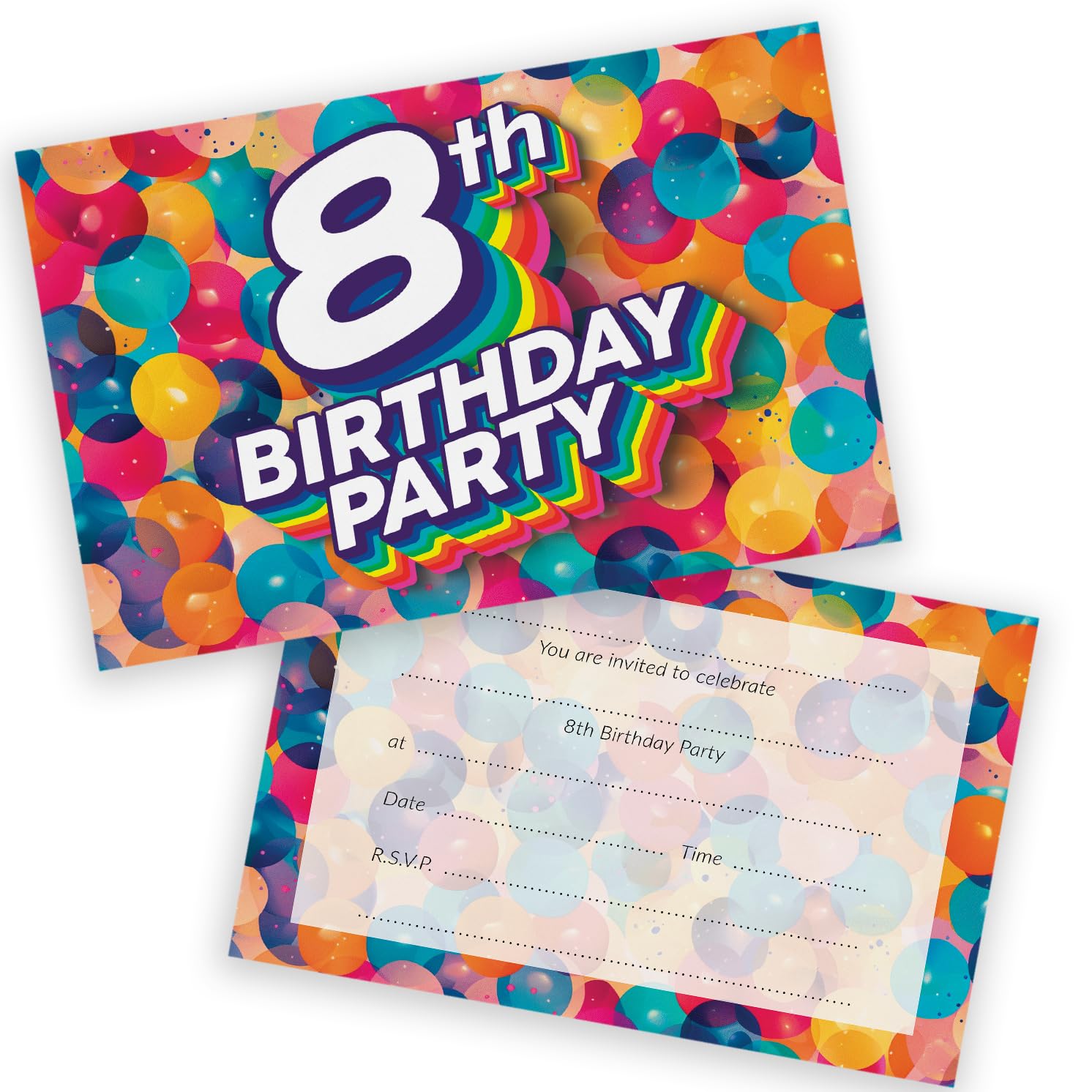 8th Birthday Party Invitations Kids - Rainbow Balloons 28 Pack - Childrens Birthday Invitations for Boys/Girls A6 Bday Party Invites Invitation Cards with Folding Envelopes