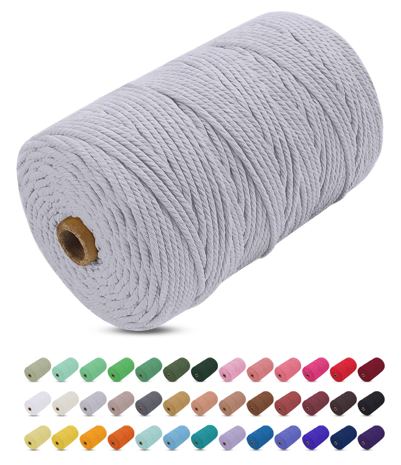 Uiopa Macrame Cord 3mm x 200m, Thick Rope Yarn Natural Cotton Cord, 4-Ply Macrame String for DIY Crafts, Plant Hangers, Wall Hangings, Decorations (Light gray)