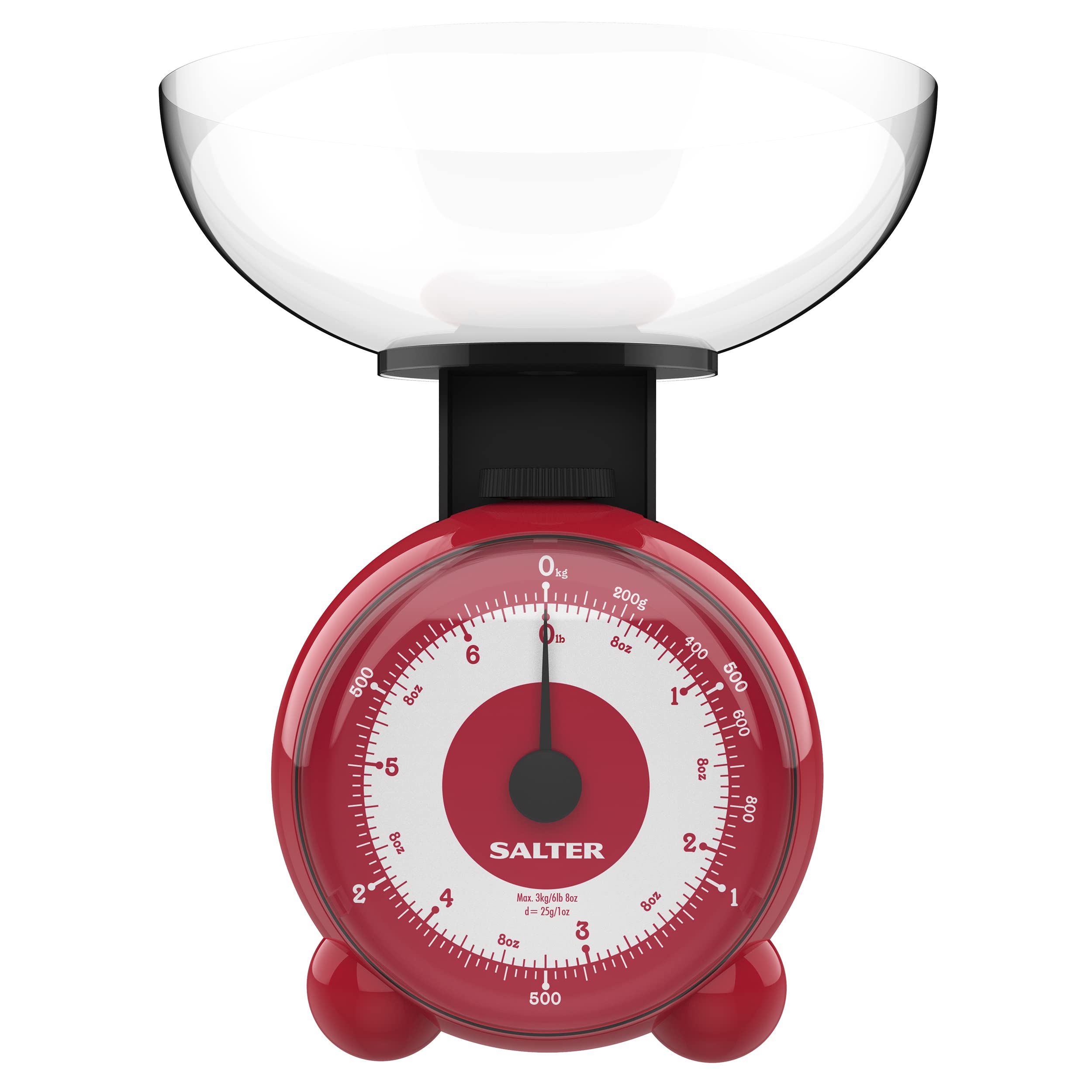 Salter 139 RDDRAEU16 Orb Mechanical Kitchen Scale, 1 Litre Dishwasher Safe Bowl, Easy Read Dial, 3 kg Capacity, Food Weighing Baking Scales, Lightweight, Metric/Imperial, No Batteries Required, Red
