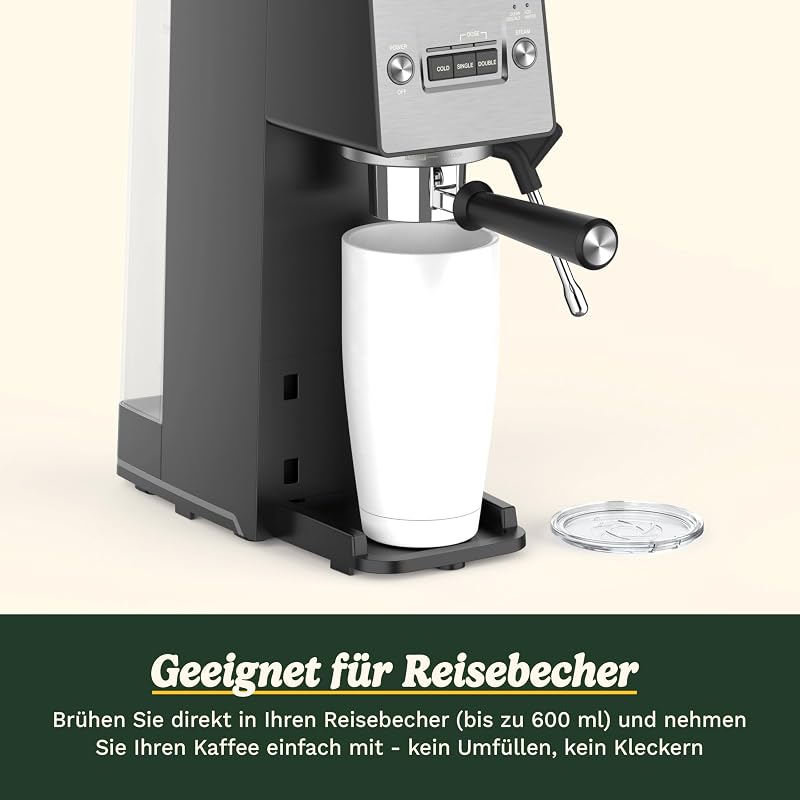 Slim Kaffeemaschine | Espresso, Americano, Cold Brew | Integrierter Milchaufschäumer | 15 Bar | Siebträger ohne Boden | kompakt | Reisebecher | 1,5L Tank, Edelstahl Slim