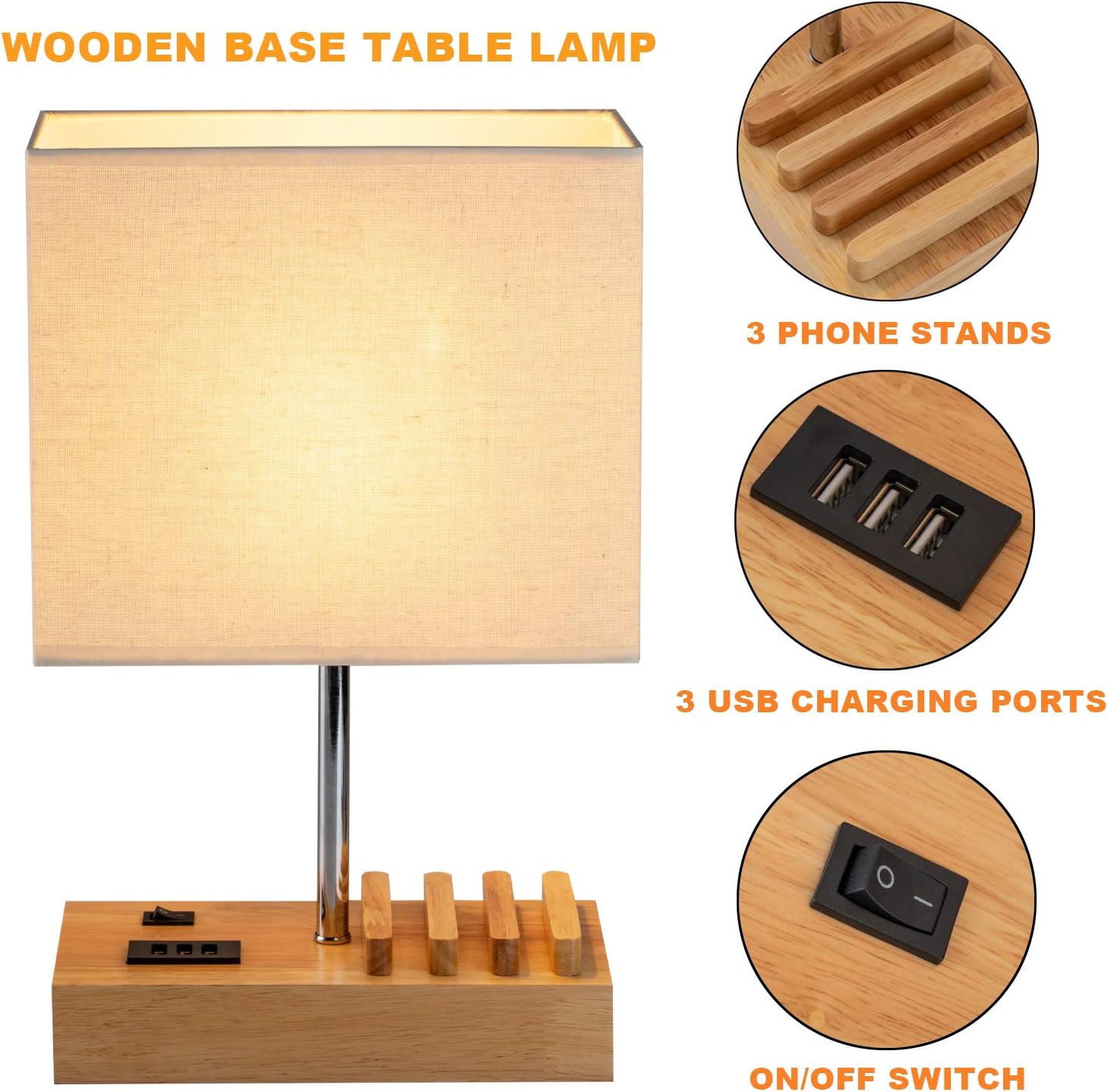 USB Bedside Table Lamp, HHome Plus Desk Lamp with 3 USB Charging Ports and Phone Charge Dock - Image 4