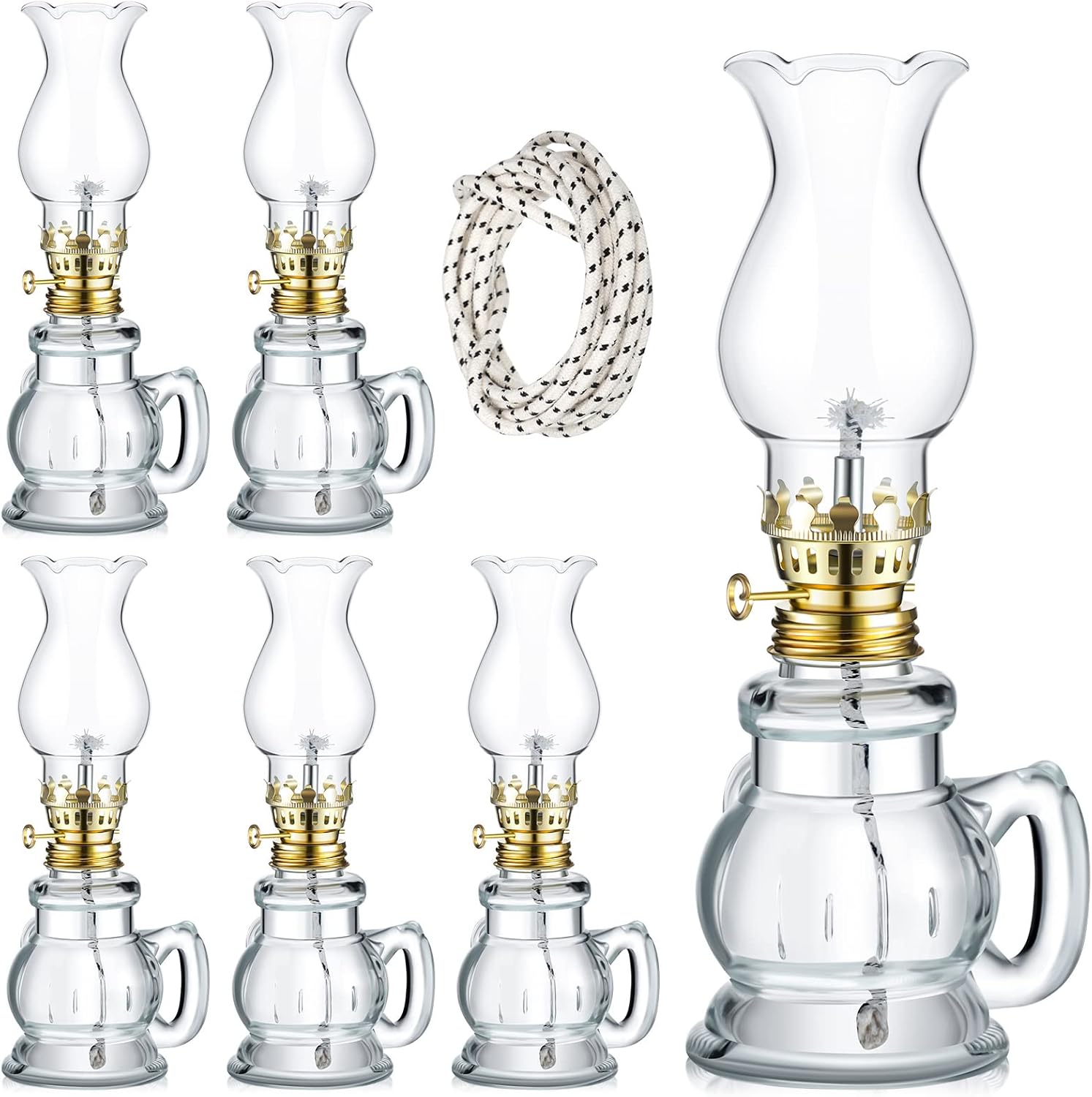 Oil Lamps & Accessories - Yexiya 6 Set Vintage Glass Kerosene Lamp Rustic Oil Lamp Lantern Chamber Oil Clear Kerosene Hurricane with 6.6 ft Extra Wick for Indoor Use Lighting Decor Emergency (Trendy Style)