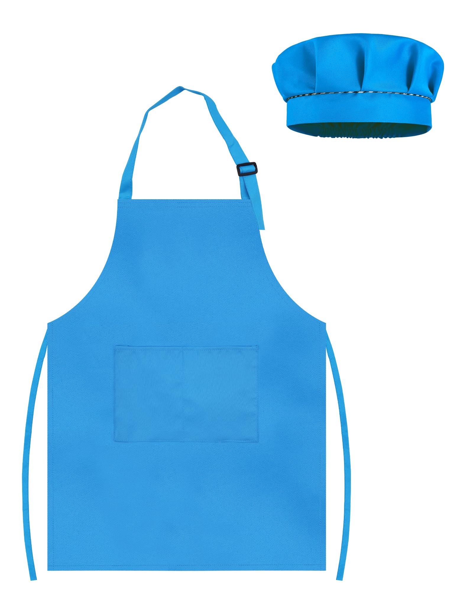 TOPWAYS Kids Apron and Chef Hat Set, Adjustable Children Chef Apron Outfit Costume, Kitchen Apron for Baking Cooking Painting, Artist Dress with Two Pockets (sky blue, L (7 to 13 years)) — image 1