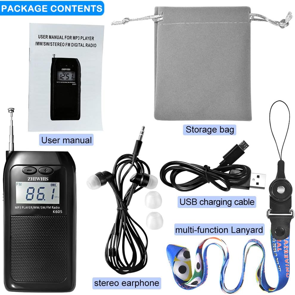ZHIWHIS Portable Radio,FM AM SW Transistor Radio Stereo LCD Digital Display Pocket Walkmen Radio MP3 WAV Player Support TF Card Rechargeable with Shutdown Memory: Home Audio & Theater