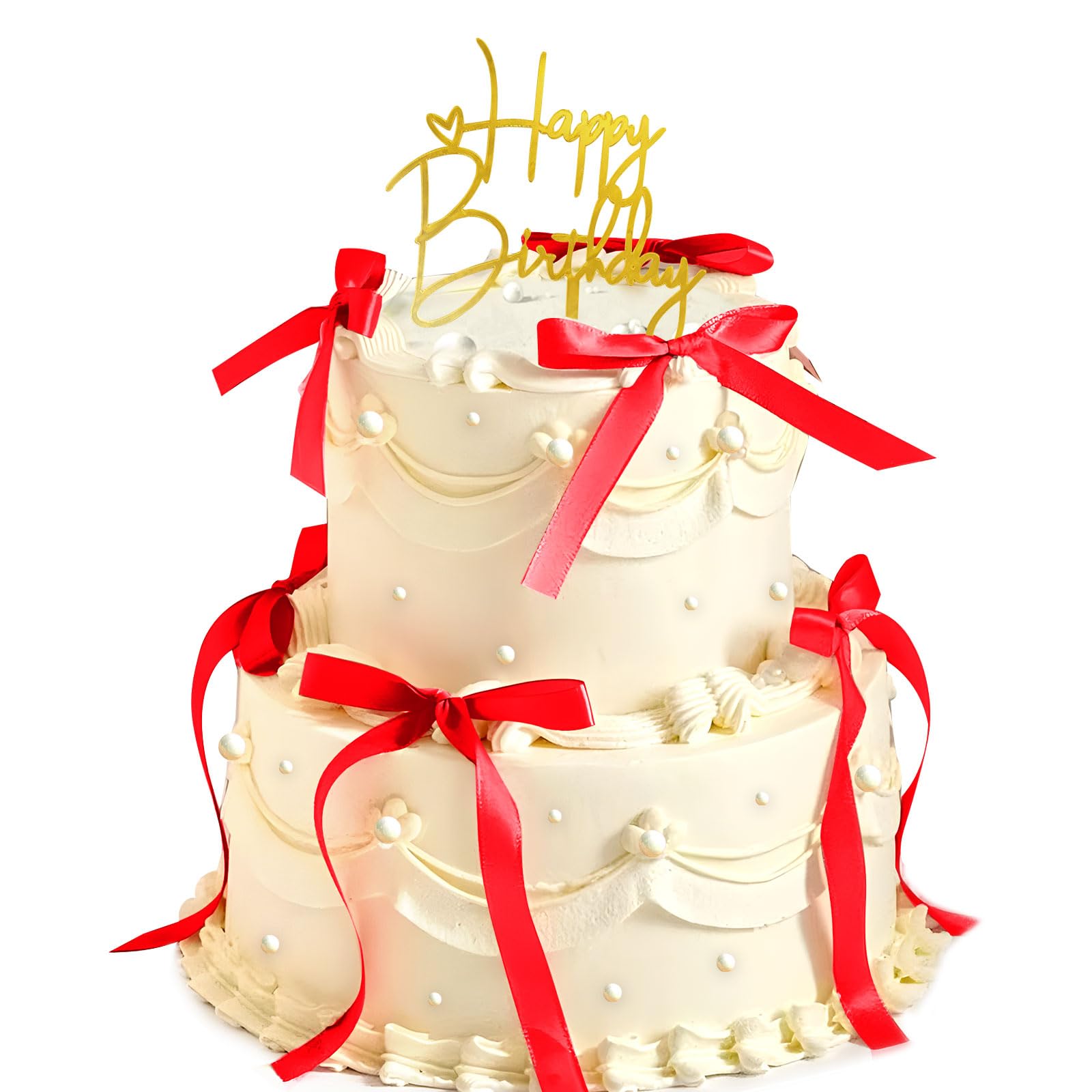 Photo 1 of 10 PCS Bow Cake Toppers with Happy Birthday Sign - Red Ribbon Cupcake Toppers for Christmas Birthday Party Decorations Coquette Theme Anniversary Wedding New Year Decor Cake Decorating Supplies (Red)