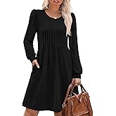 OFEEFAN Long Sleeve Dress for Women Pleated Crew Neck Casual Babydoll Sweater Dress with Pockets Fall Outfits Fashion