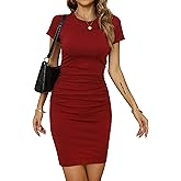 Missufe Women's Short Sleeve Ruched Casual Sundress Midi Bodycon T Shirt Dress