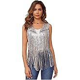 WERFORU Women's Sequin Sleeveless Tassel Vest Western Sequin Tassel Vest Sparkly Fringe Cowgirl Outfit-